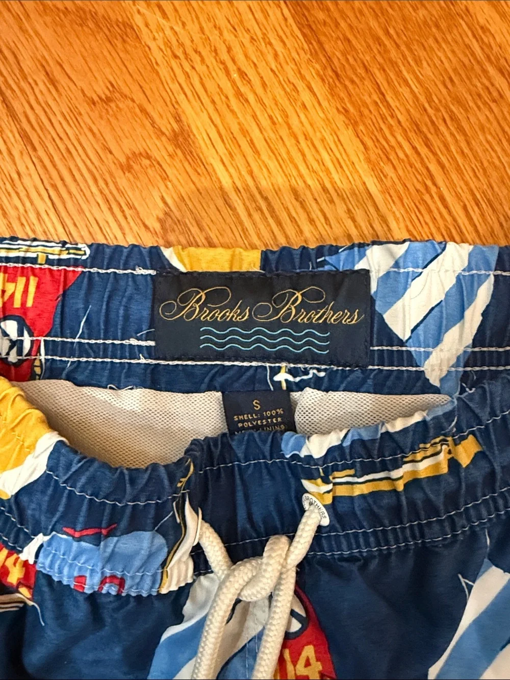 Brooks Brothers Navy Sailboat Print Swim Shorts with Red, Yellow & White Accents